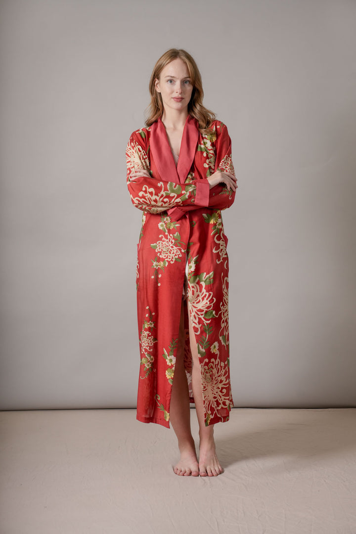 red floral dressing gown