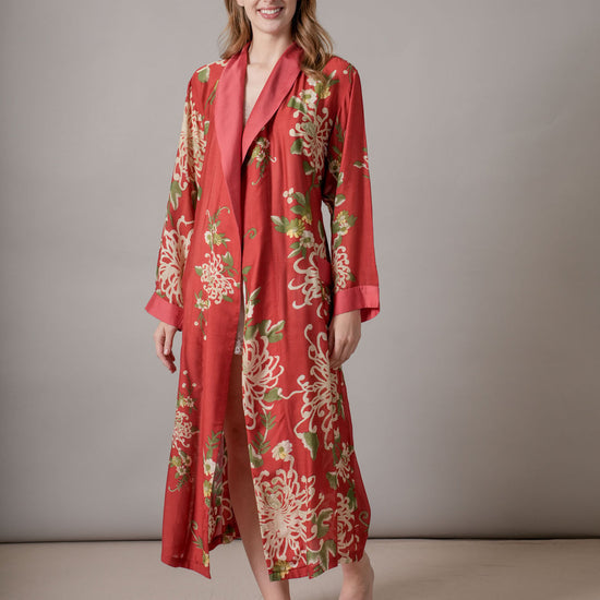 red floral dressing gown model shot