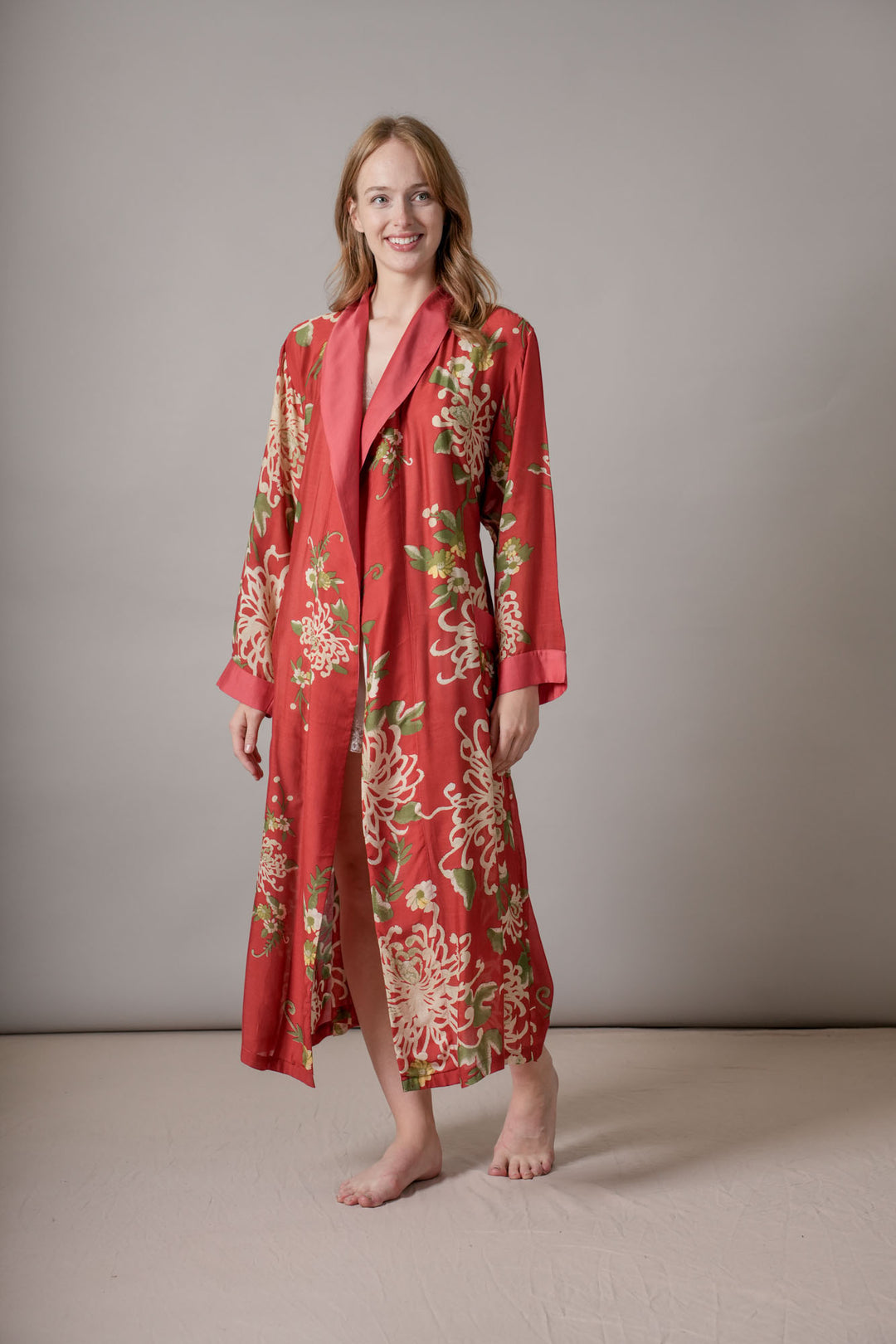 red floral dressing gown model shot