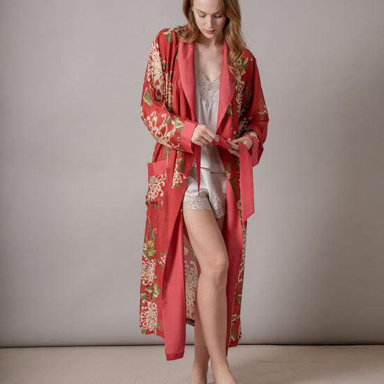 red floral dressing gown model shot