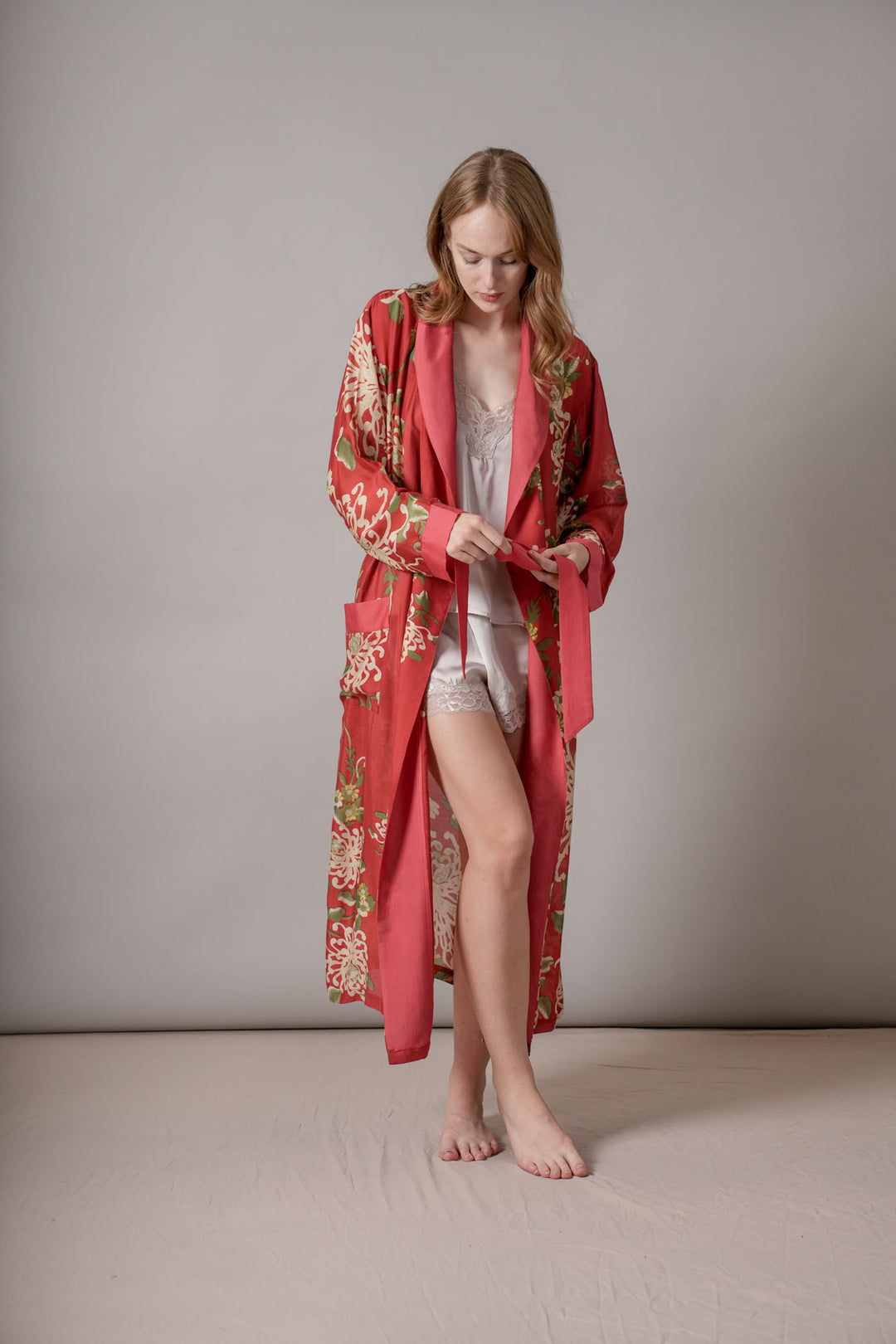 red floral dressing gown model shot