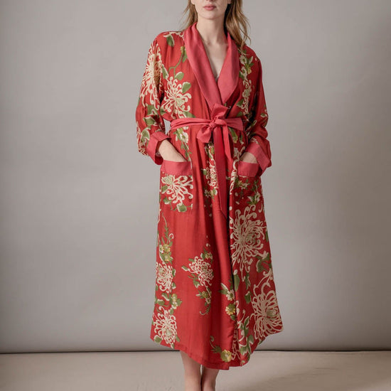 red floral dressing gown