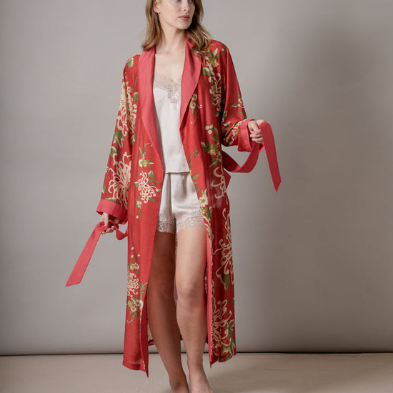 red floral dressing gown