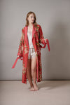 red floral dressing gown