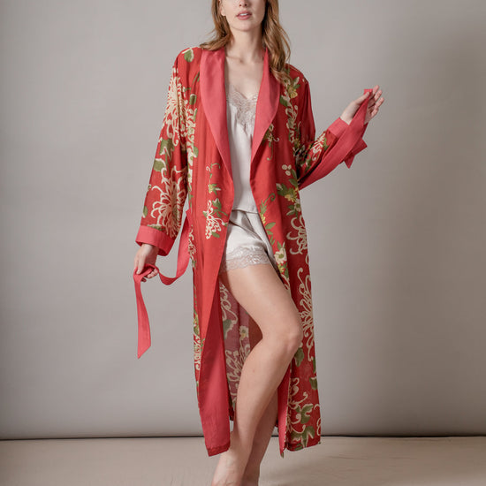 red floral dressing gown model shot