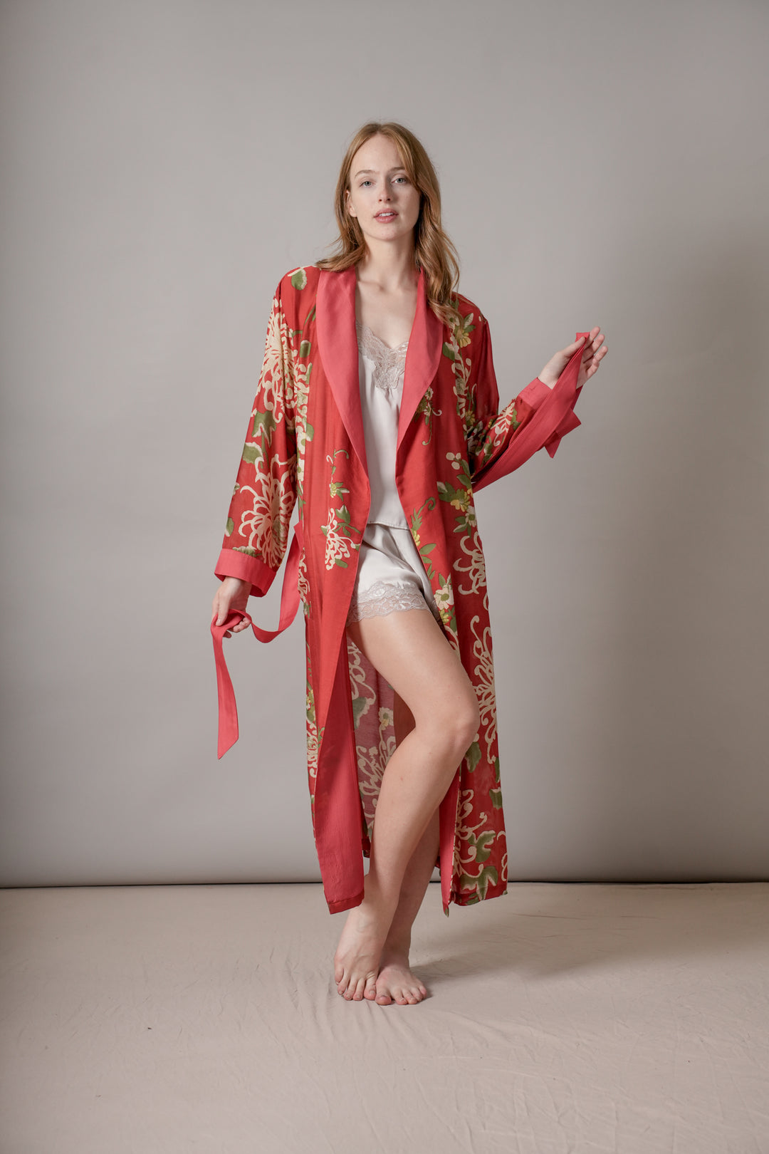 red floral dressing gown model shot