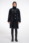 dark grey faux fur long line coat with stand neck and 3 button closure from rino and pelle