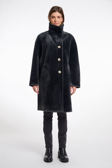 dark grey faux fur long line coat with stand neck and 3 button closure from rino and pelle