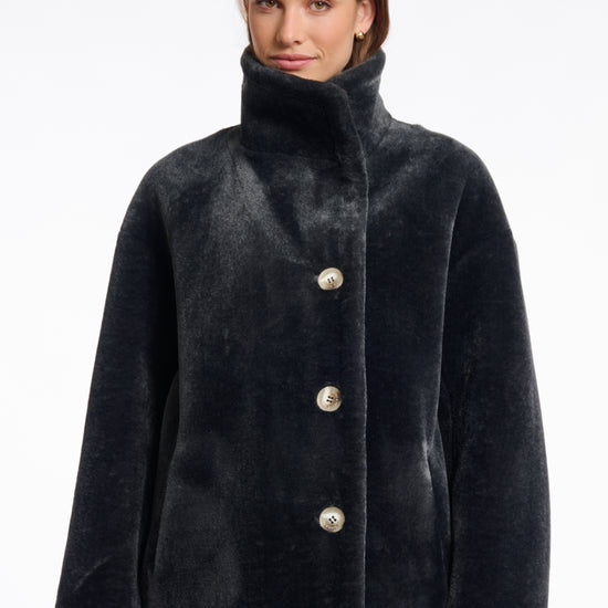 dark grey faux fur long line coat with stand neck and 3 button closure from rino and pelle close up