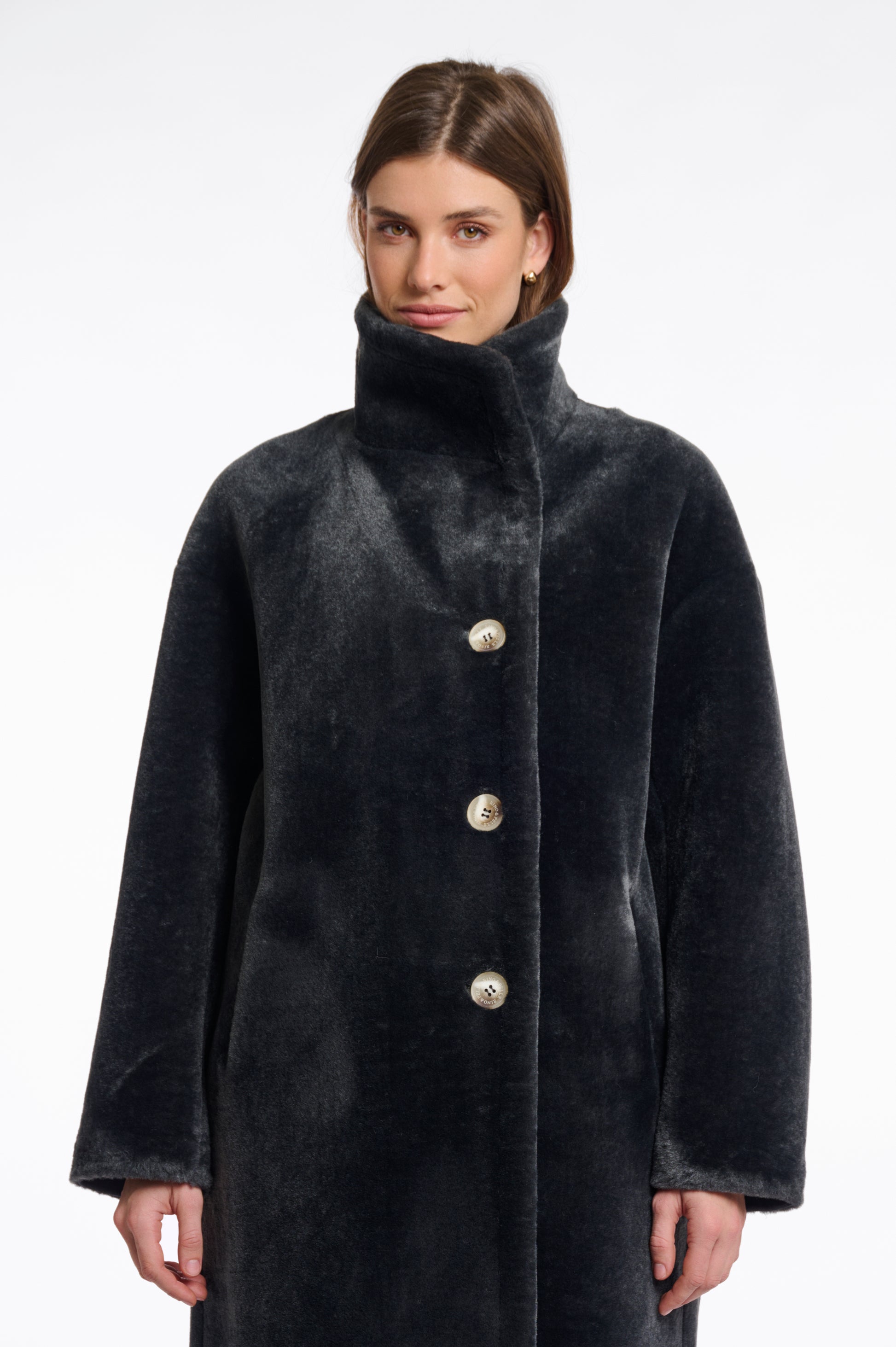 dark grey faux fur long line coat with stand neck and 3 button closure from rino and pelle close up