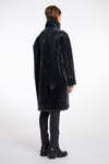 dark grey faux fur long line coat with stand neck and 3 button closure from rino and pelle rear view
