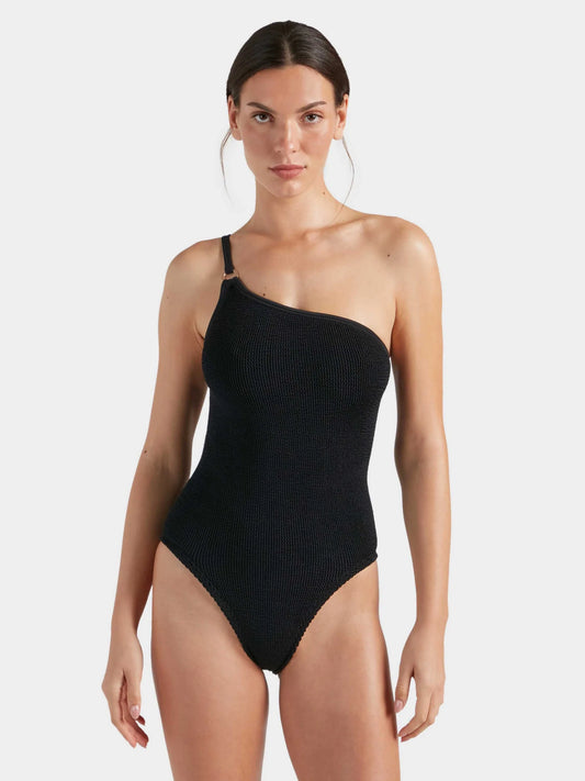Model shot of black one shoulder swimsuit from Hunza G
