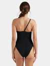 Black one-piece swimsuit worn by a model on a white background rear view