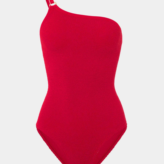 Red one-shoulder swimsuit on a light gray background from Hunza G