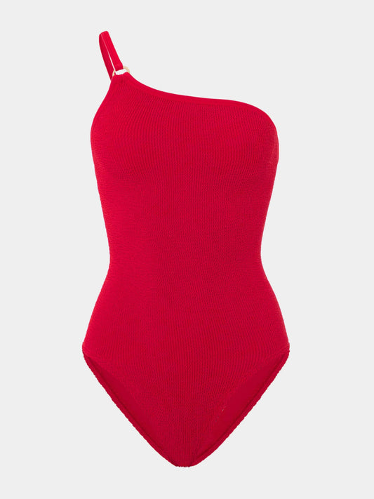 Red one-shoulder swimsuit on a light gray background from Hunza G