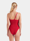 Red swimsuit worn by a model on a white background from Hunza G
