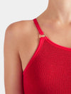 Red knitted top with thin straps on a neutral background from Hunza G