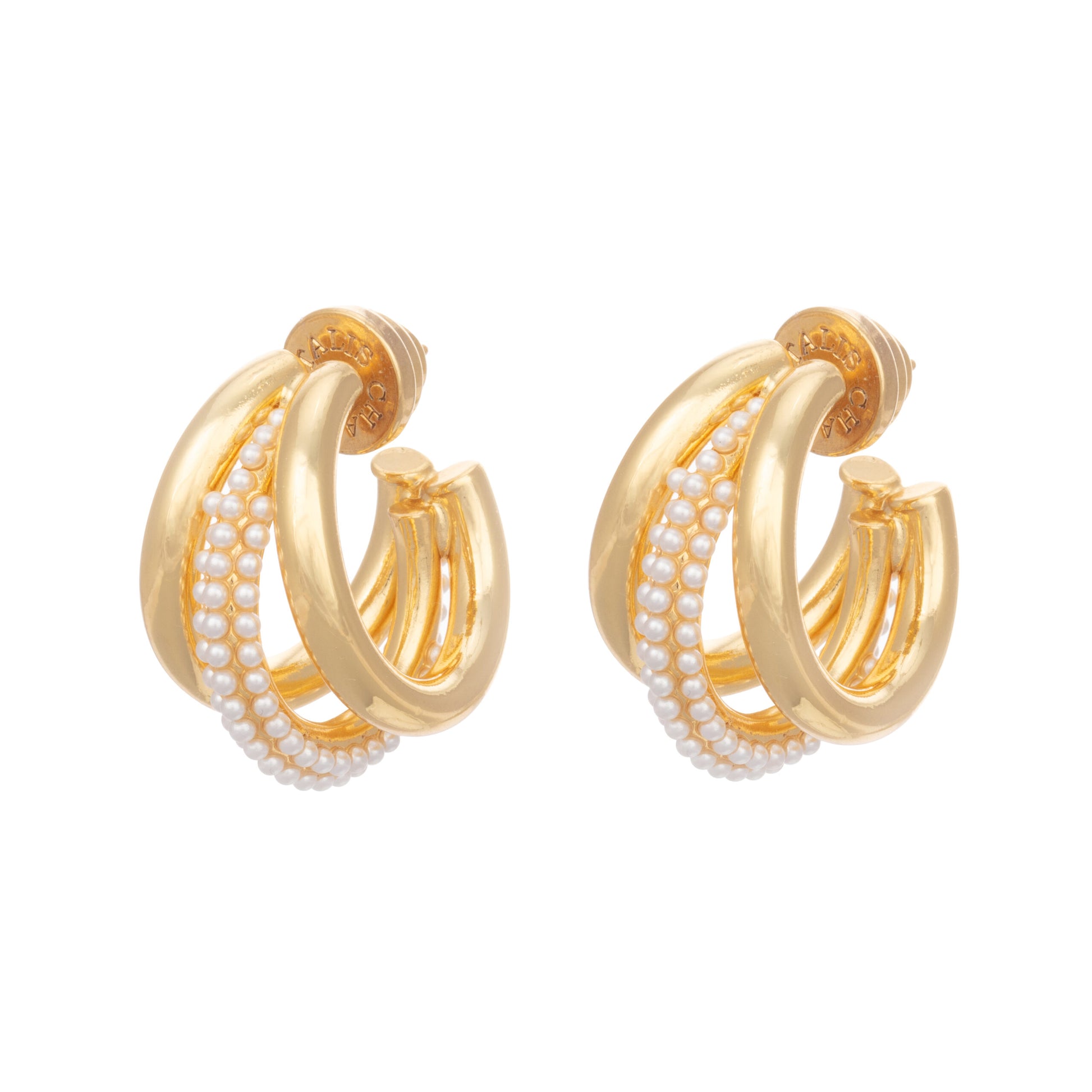 Claw hoop earring in gold plate with acrylic pearl details