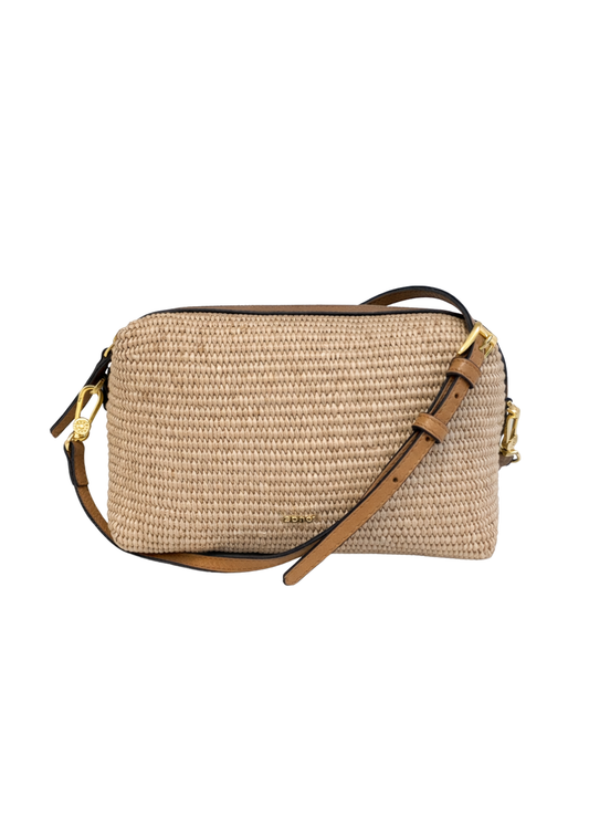 Beige woven handbag with gold hardware on a white background