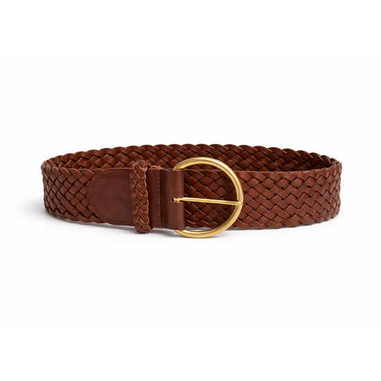 dark brown woven leather belt with a gold buckle