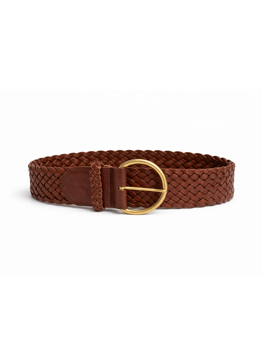 dark brown woven leather belt with a gold buckle