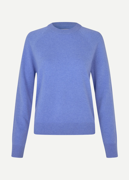 blue round neck jumper with ribbed neck, cuffs and hem from samsoe samsoe