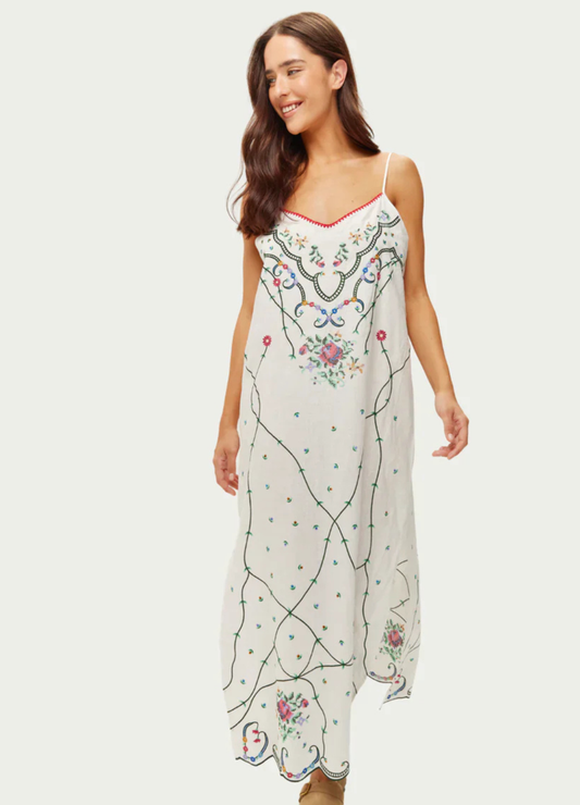 v neck spaghetti strap white linen cami  dress with embroidered detailing model