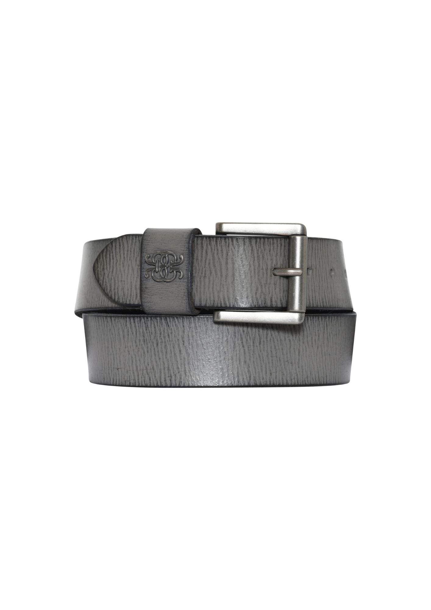 Crystal Leather Belt Grey with Square nickel buckle and loop detail.