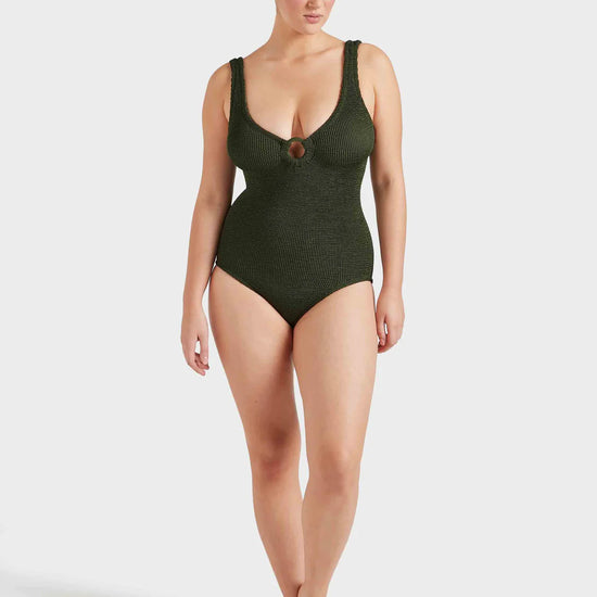 Model shot of green one size swimsuit from HunzaG