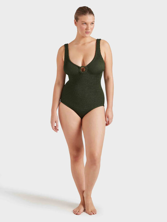 Model shot of green one size swimsuit from HunzaG