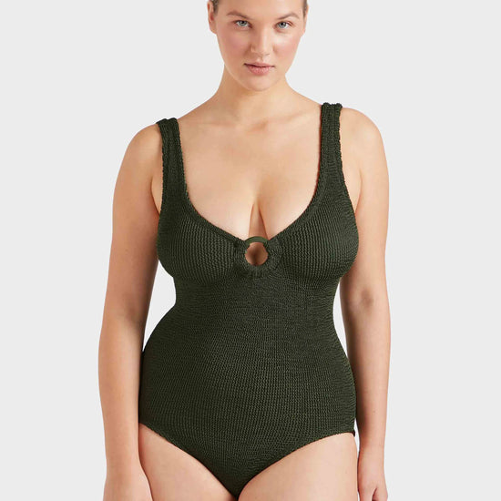 Model shot of green one size bikini from HunzaG