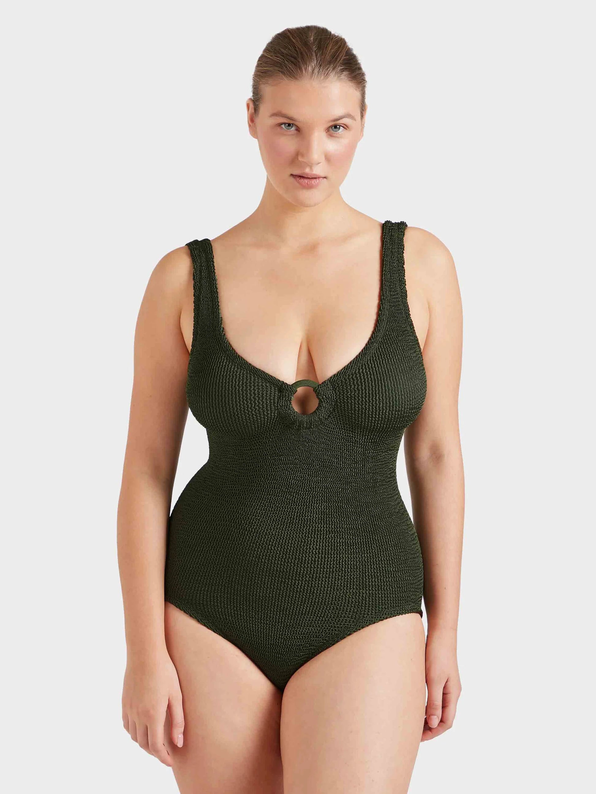 Model shot of green one size bikini from HunzaG
