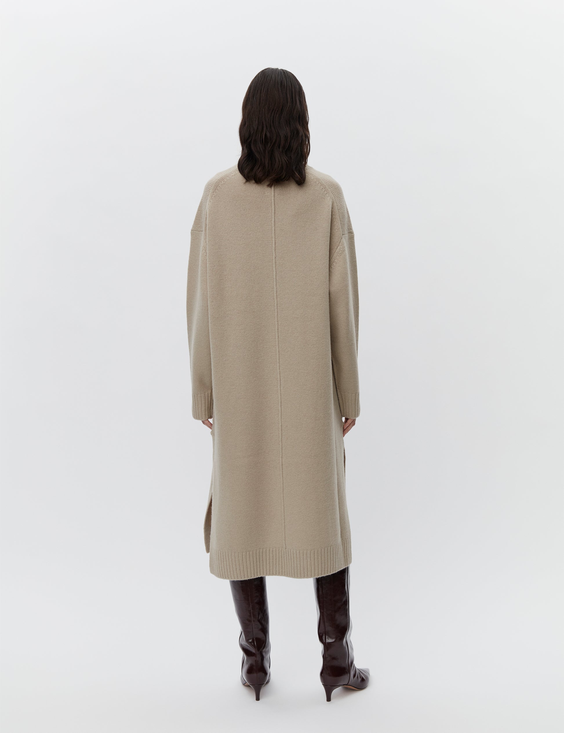 Beige wool dress with a funnel neck and long sleeves rear view