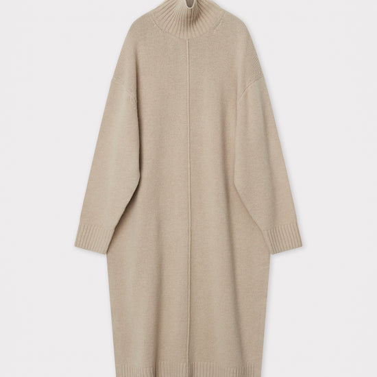 Beige wool dress with a funnel neck and long sleeves