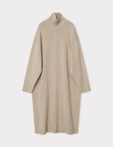 Beige wool dress with a funnel neck and long sleeves