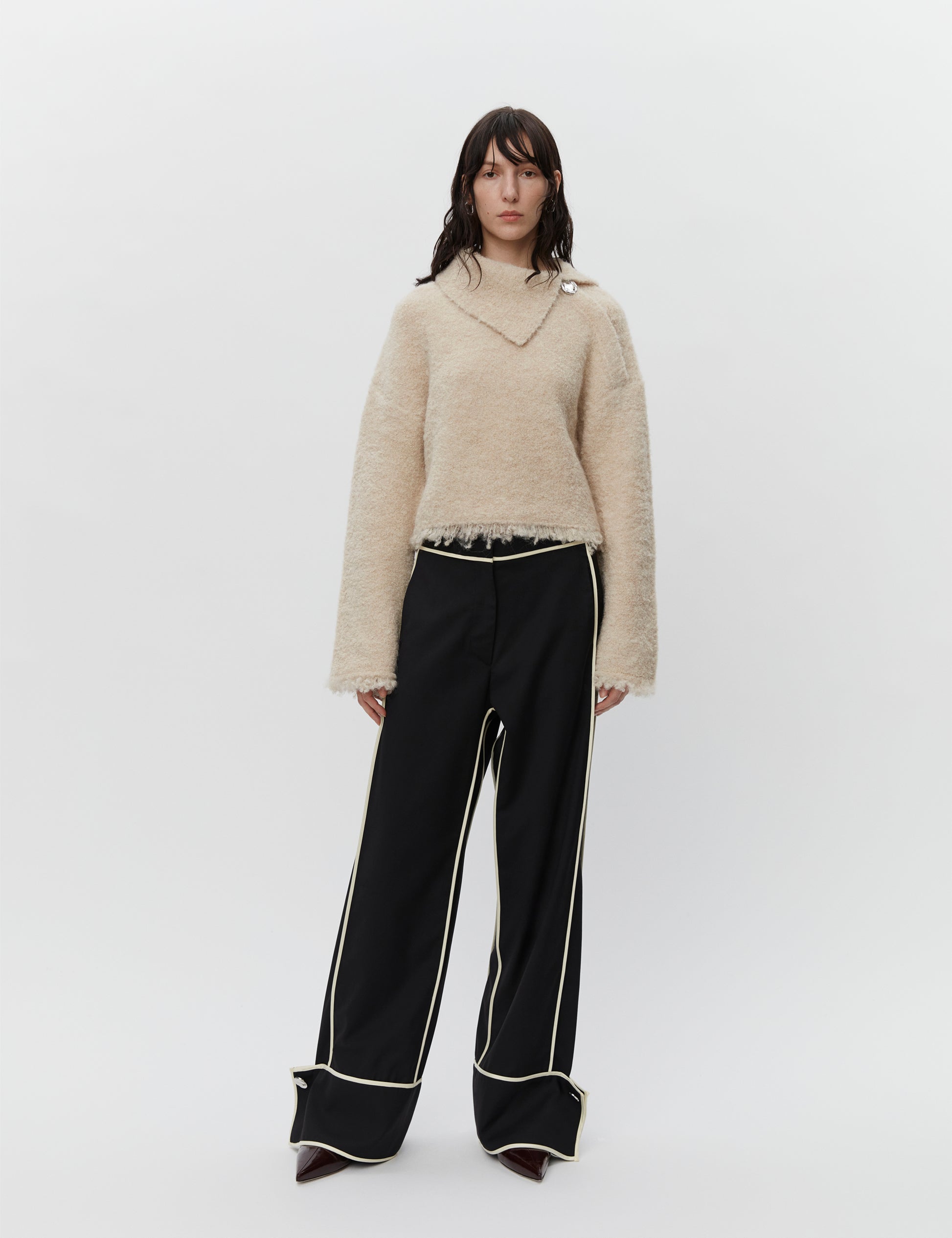 Cream boucle wool jumper with asymetric neckline detail