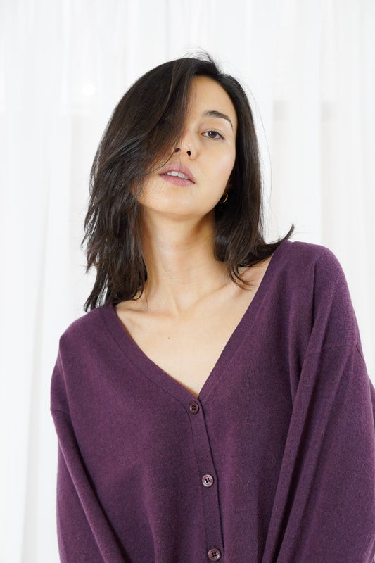 Woman modelling v neck purple cardigan