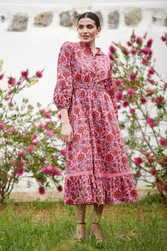 Pink midi dress with floral details with bracelet length sleeves mau collar covered button half placket elasticated waist with drawstring and gathered hem with lace inserts