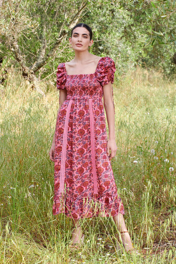 Pink midi dress with all over floral pattern square neckline and puff sleeves with elasticated cuffs and drawstring details 