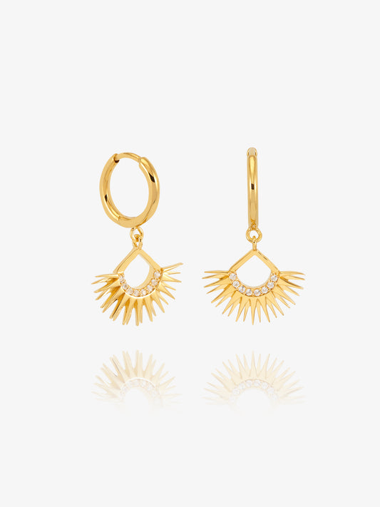 gold rising sun charm huggie earrings with diamante detailing from rachel jackson