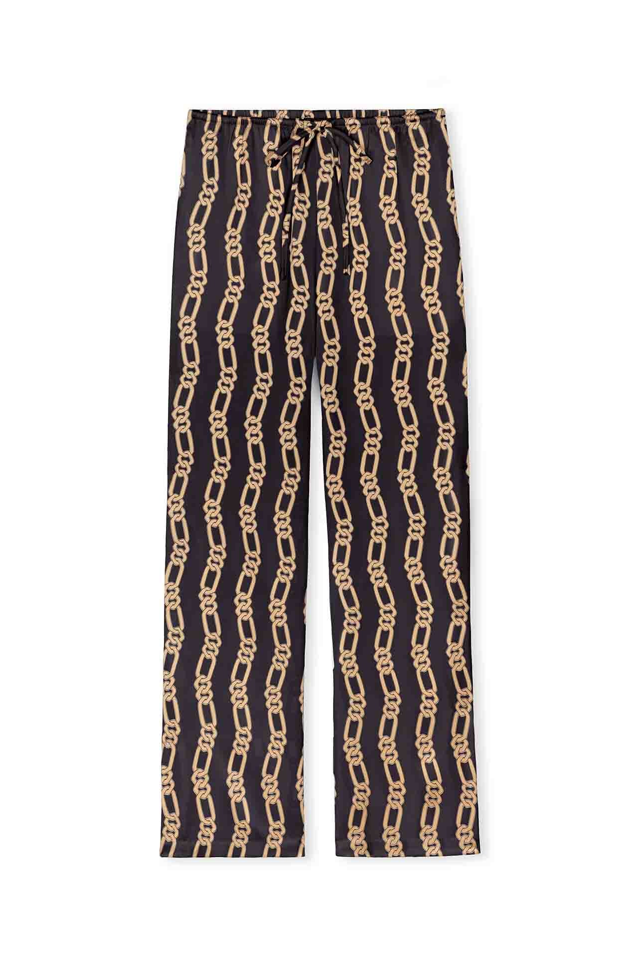 silky black wide leg drawstring trousers with gold link pattern