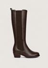 A brown leather knee-high boot with elastic side panels and a low block heel, shown in profile against a light gray background.