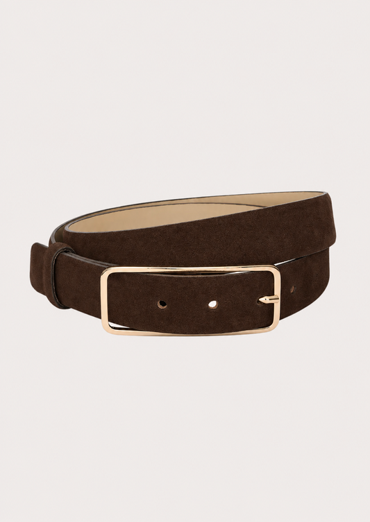 brown suede belt with gold hardware on plain background