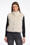 light beige faux fur sleeveless gilet with high neck, central closure and stripe detailing