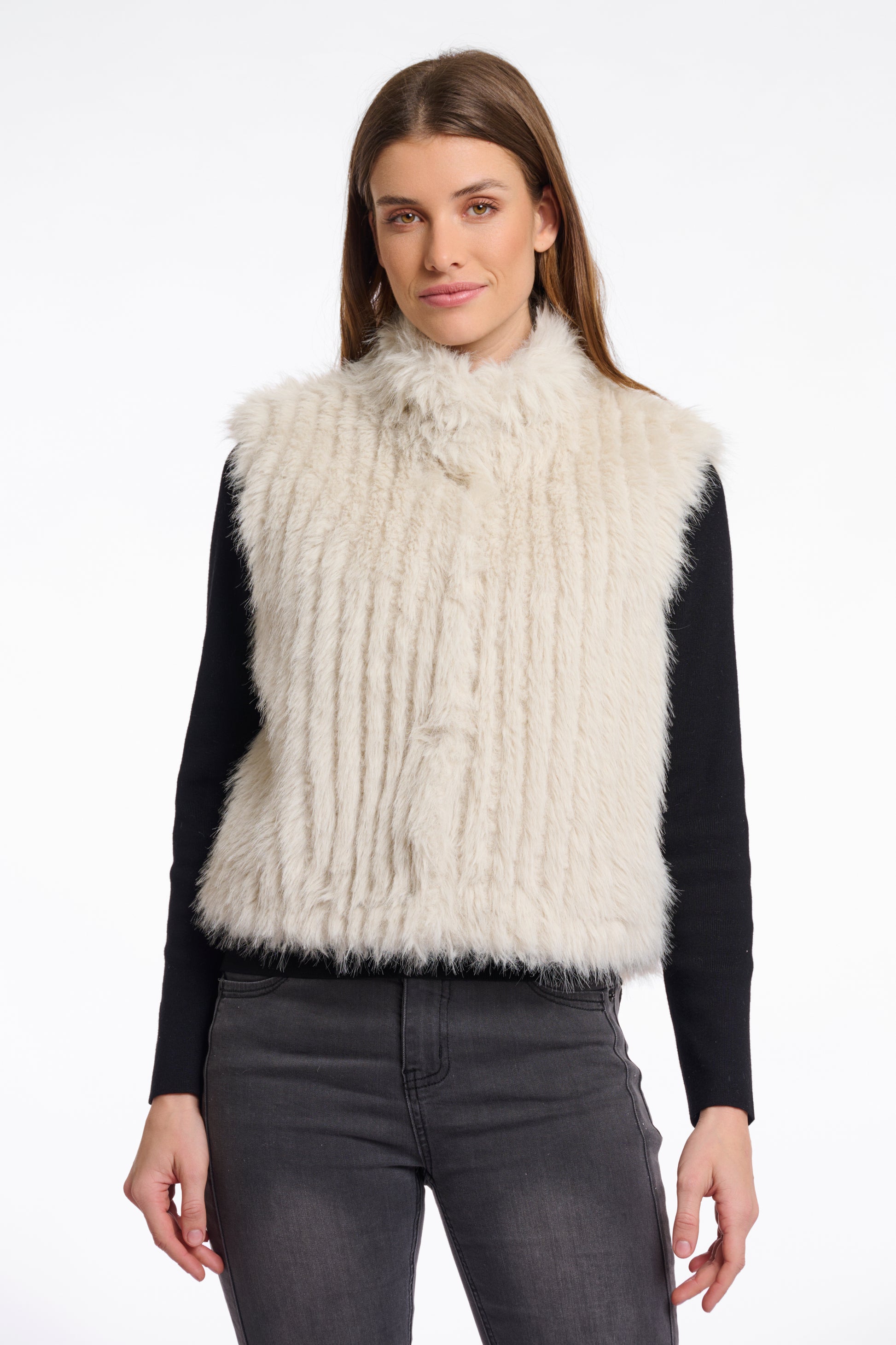 light beige faux fur sleeveless gilet with high neck, central closure and stripe detailing