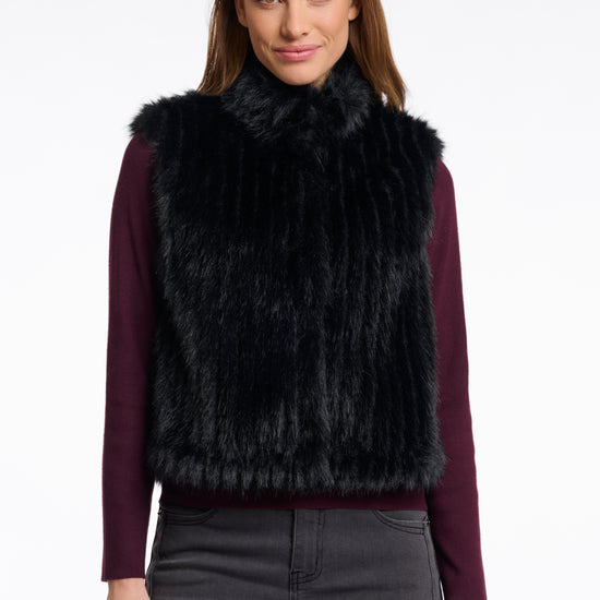 black faux fur sleeveless gilet with high neck, central closure and stripe detailing