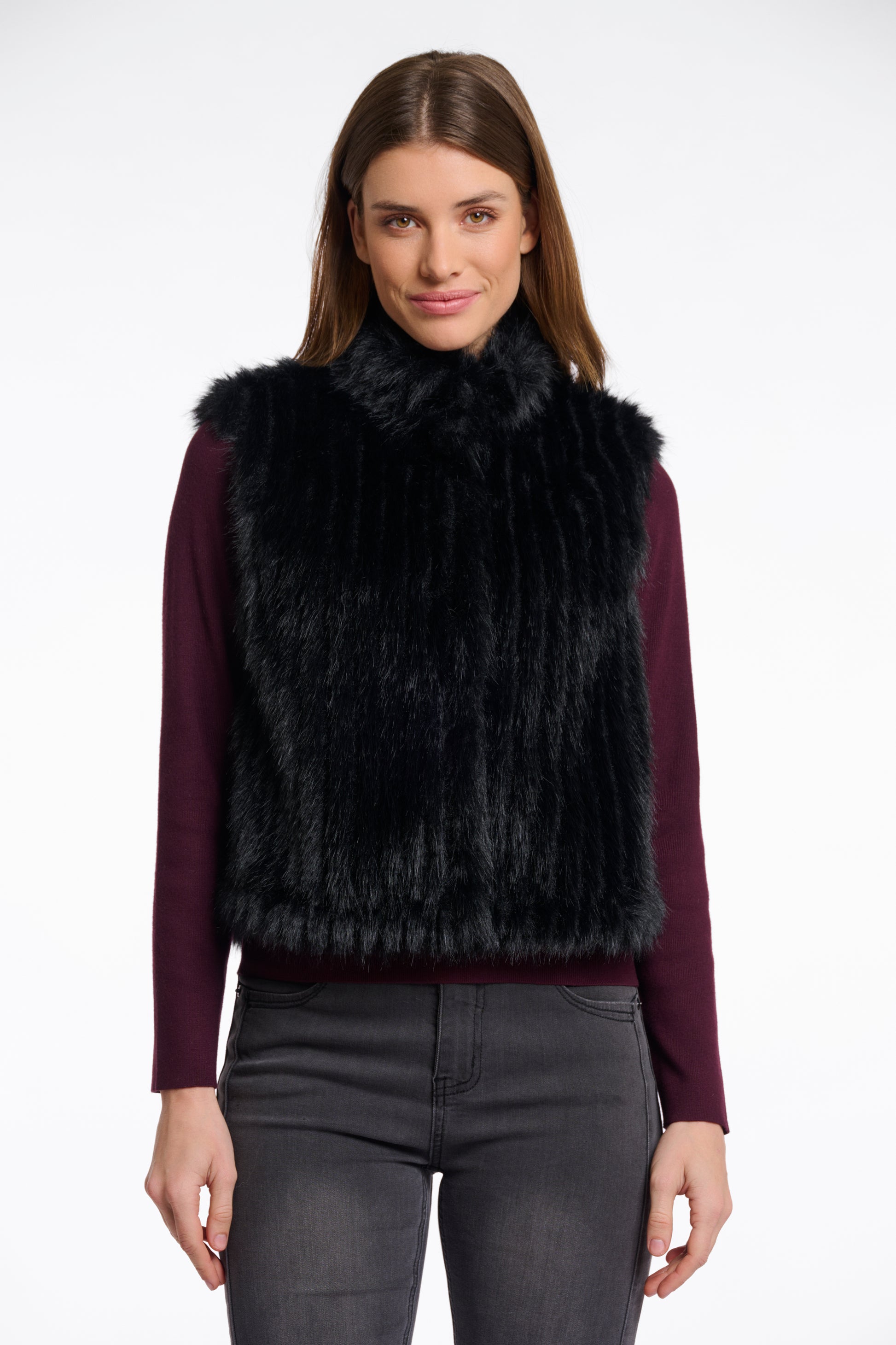 black faux fur sleeveless gilet with high neck, central closure and stripe detailing