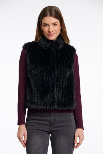 black faux fur sleeveless gilet with high neck, central closure and stripe detailing