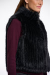 black faux fur sleeveless gilet with high neck, central closure and stripe detailing side view 