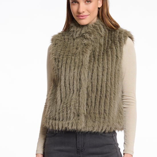 dark green faux fur gilet with high round neck and stripe detailing with central closure 